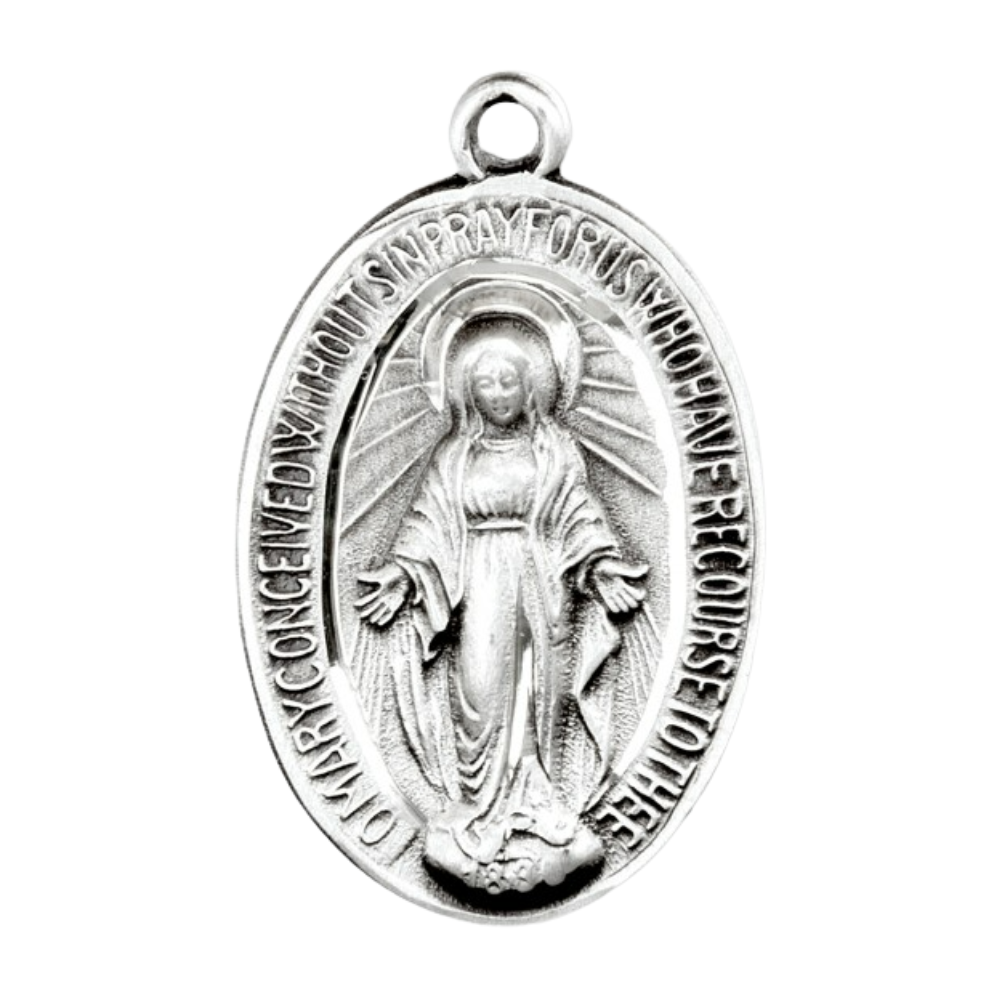 Miraculous Medal Sterling Silver Oval Pendant — 18" Chain, Gift Box Included