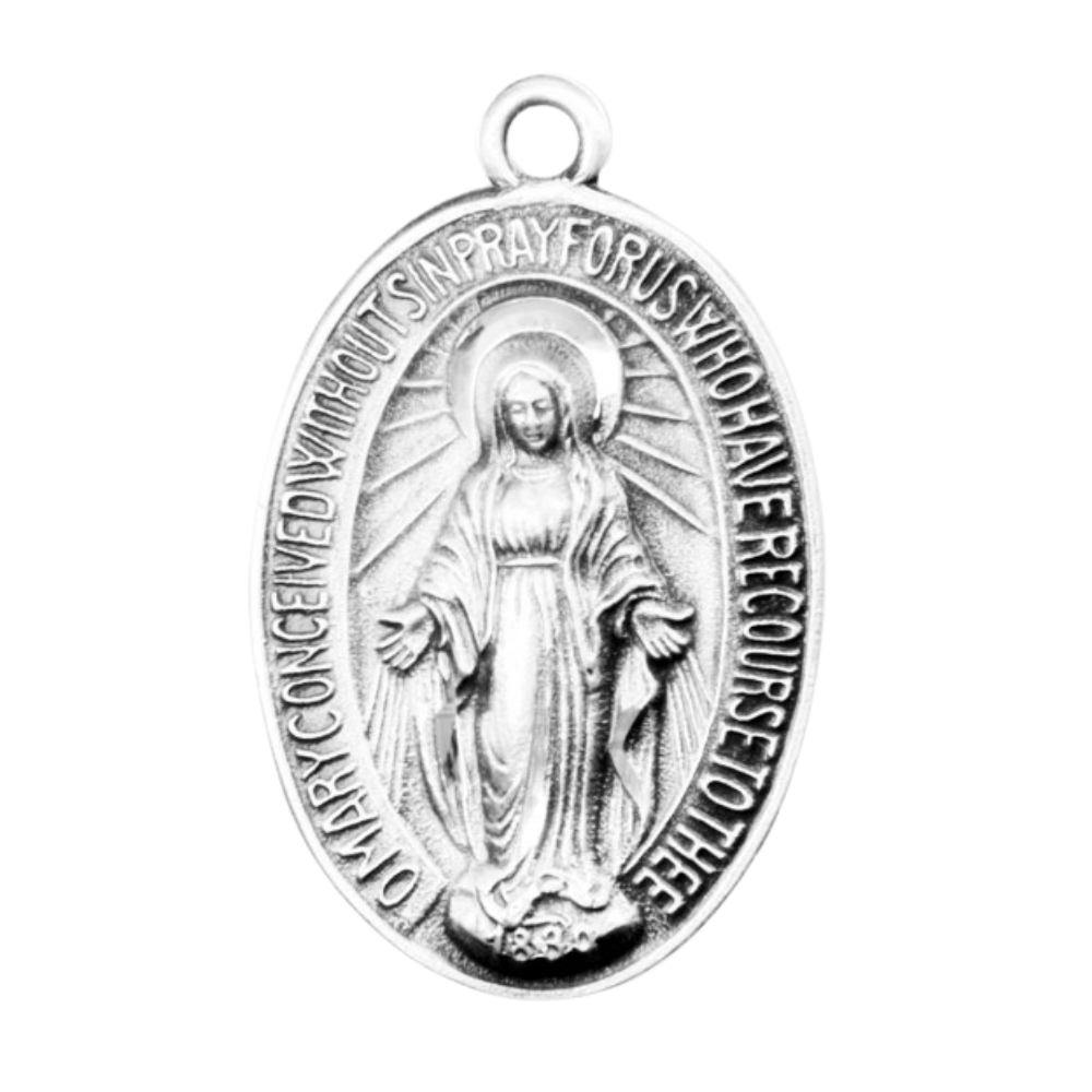 Miraculous Medal Sterling Silver Oval Pendant — 24" Chain, Gift Box Included