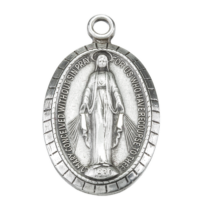 Miraculous Medal Sterling Silver Oval Pendant — 18" Chain, Gift Box Included