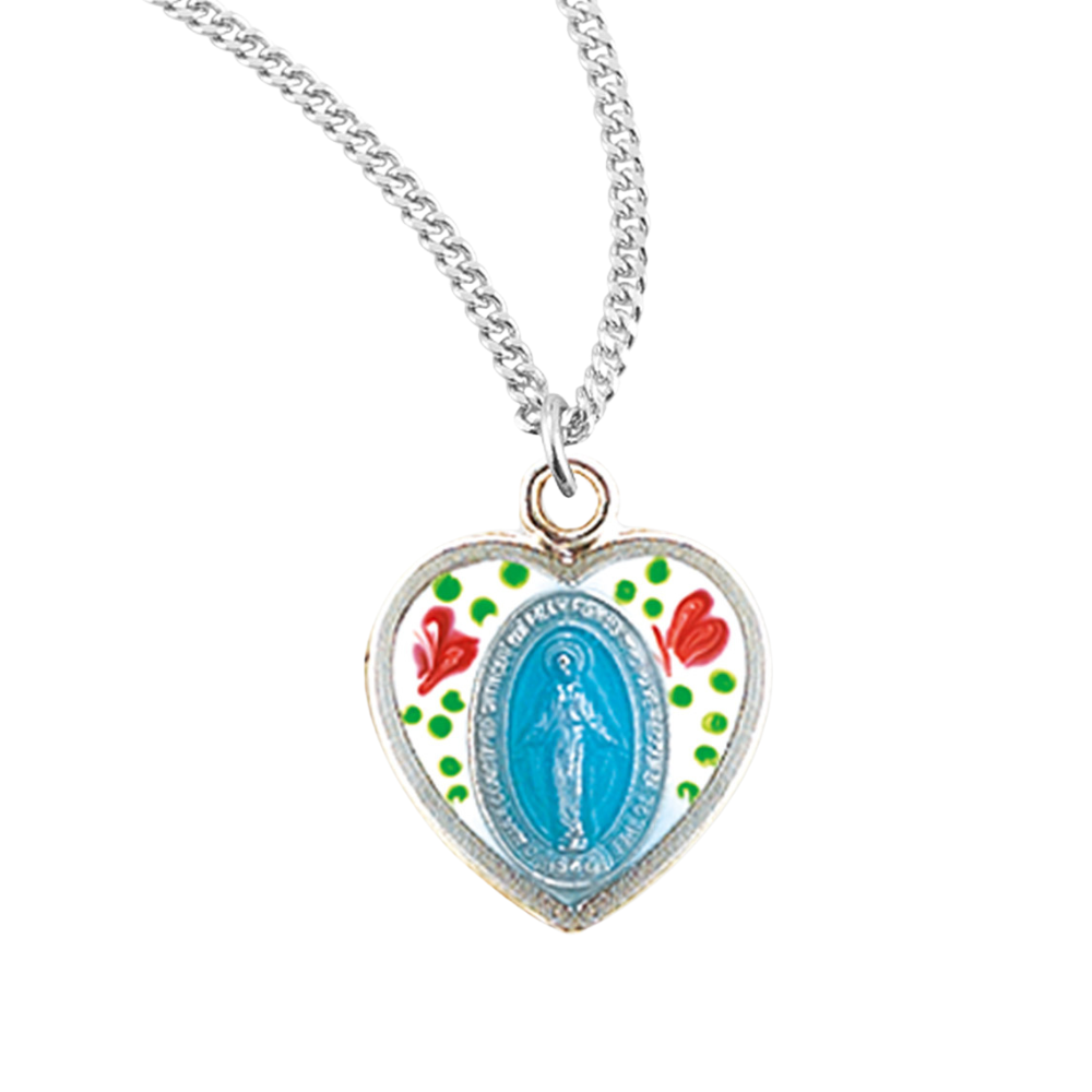 Sterling Silver Flower Enameled Heart Shaped Miraculous Medal, Catholic Gift, Made in USA