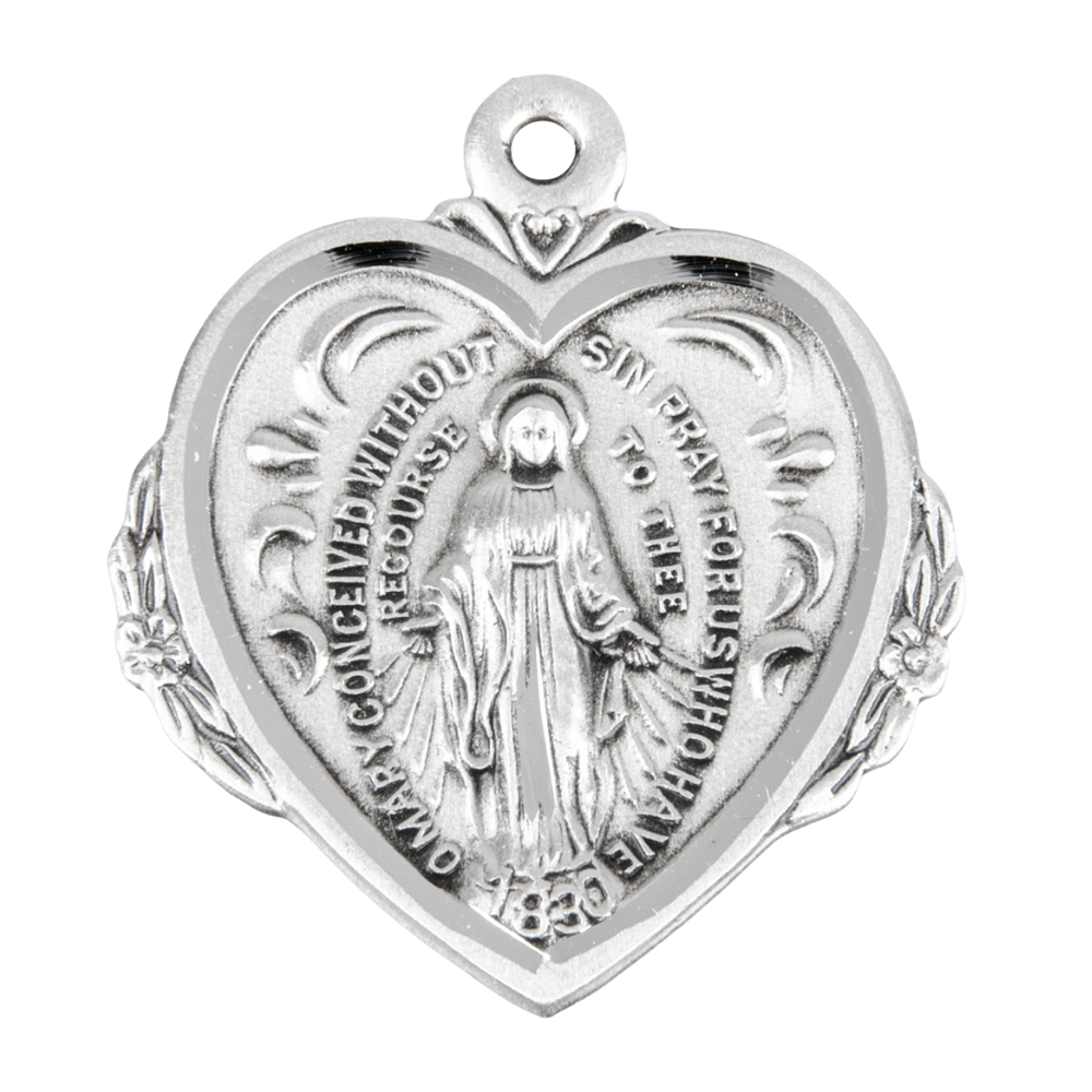Miraculous Medal Sterling Silver Heart Pendant — 20" Chain, Gift Box Included