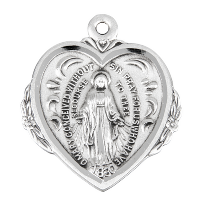 Miraculous Medal Sterling Silver Heart Pendant — 20" Chain, Gift Box Included