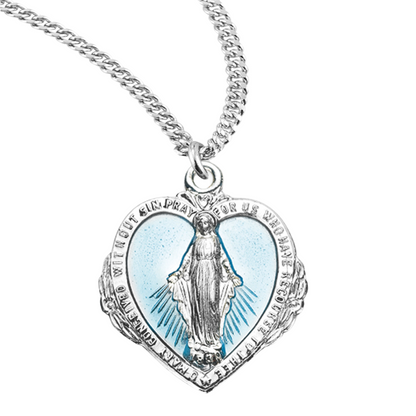 Sterling Silver Blue Enameled Heart Shape Miraculous Medal, Catholic Gift, Made in USA