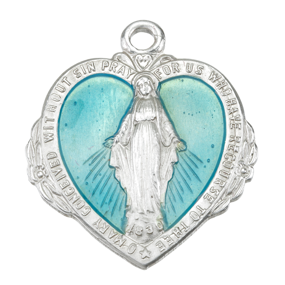 Miraculous Medal Blue Enamel Heart Sterling Silver Necklace — 20" Chain, USA