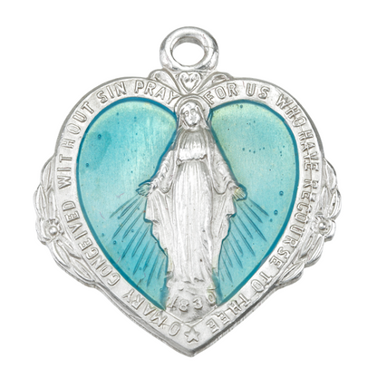 Miraculous Medal Blue Enamel Heart Sterling Silver Necklace — 20" Chain, USA