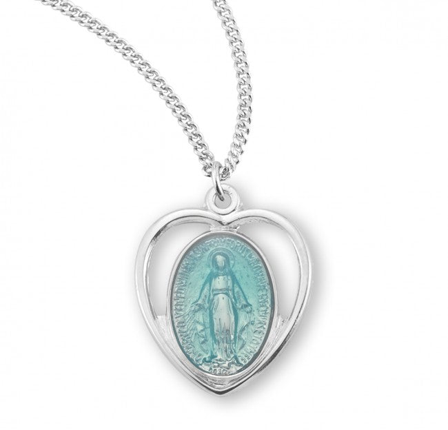 Sterling silver blue enameled pierced miraculous heart, Catholic Gift, Made in USA