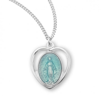 Sterling silver blue enameled pierced miraculous heart, Catholic Gift, Made in USA