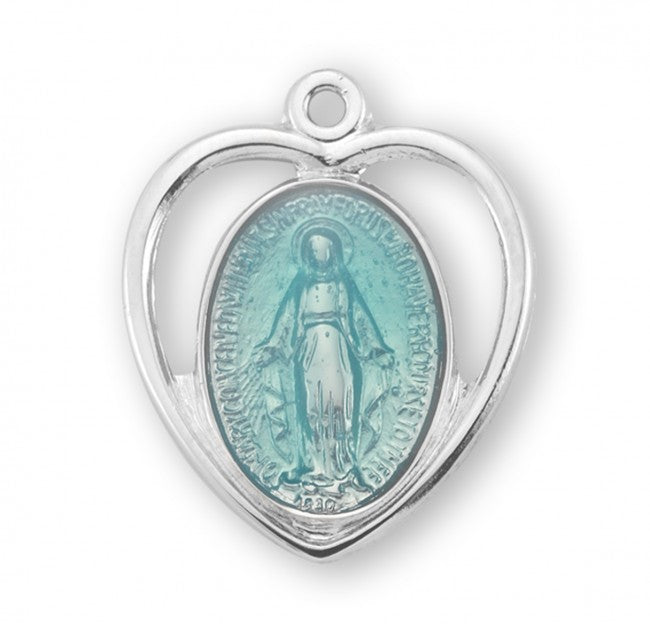 Miraculous Medal Sterling Silver Blue Enamel Heart Pendant — 18" Chain, Gift Box