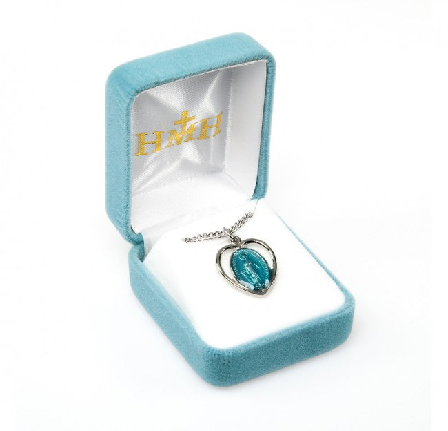 Miraculous Medal Sterling Silver Blue Enamel Heart Pendant — 18" Chain, Gift Box