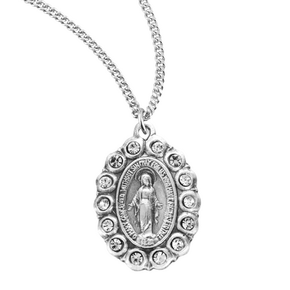Sterling Silver Oval Miraculous Medal Set with Clear Crystals, Catholic Gift, Made in USA