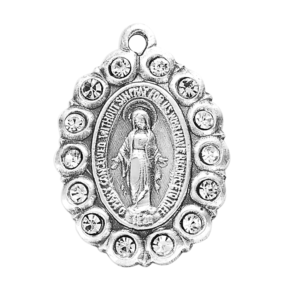 Miraculous Medal Sterling Silver Crystal Pendant — 18" Chain, Gift Box Included
