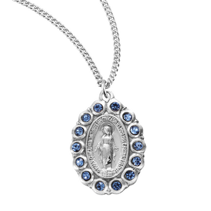 Sterling Silver Oval Miraculous Medal Set with Light Sapphire Crystals, Catholic Gift, Made in USA