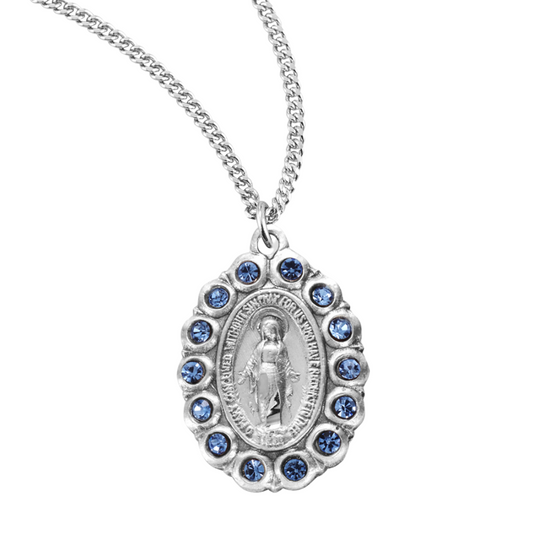 Sterling Silver Oval Miraculous Medal Set with Light Sapphire Crystals, Catholic Gift, Made in USA