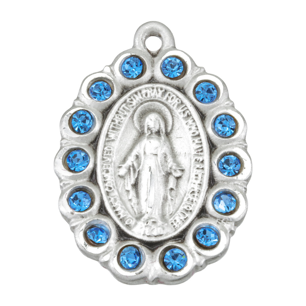 Miraculous Medal Sapphire Sterling Silver Pendant Necklace — 18" Chain