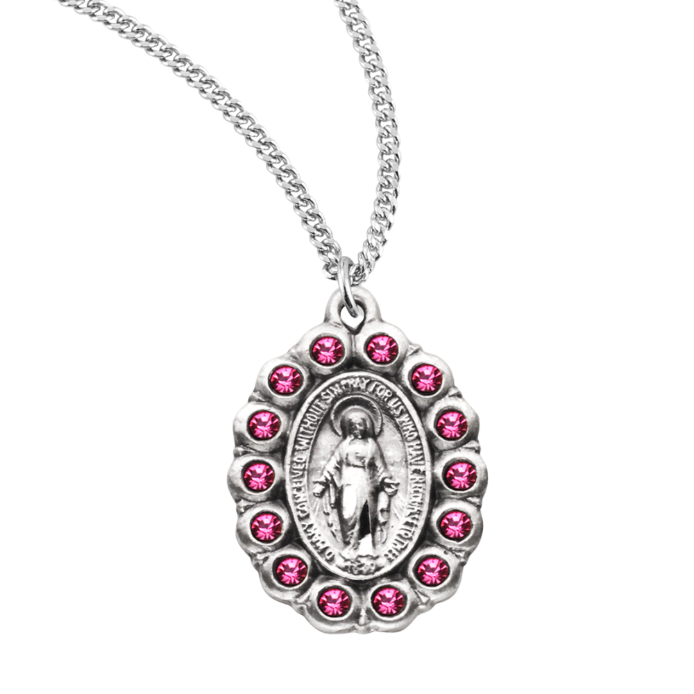 Sterling Silver Oval Miraculous Medal Set with Pink Crystals, Catholic Gift, Made in USA