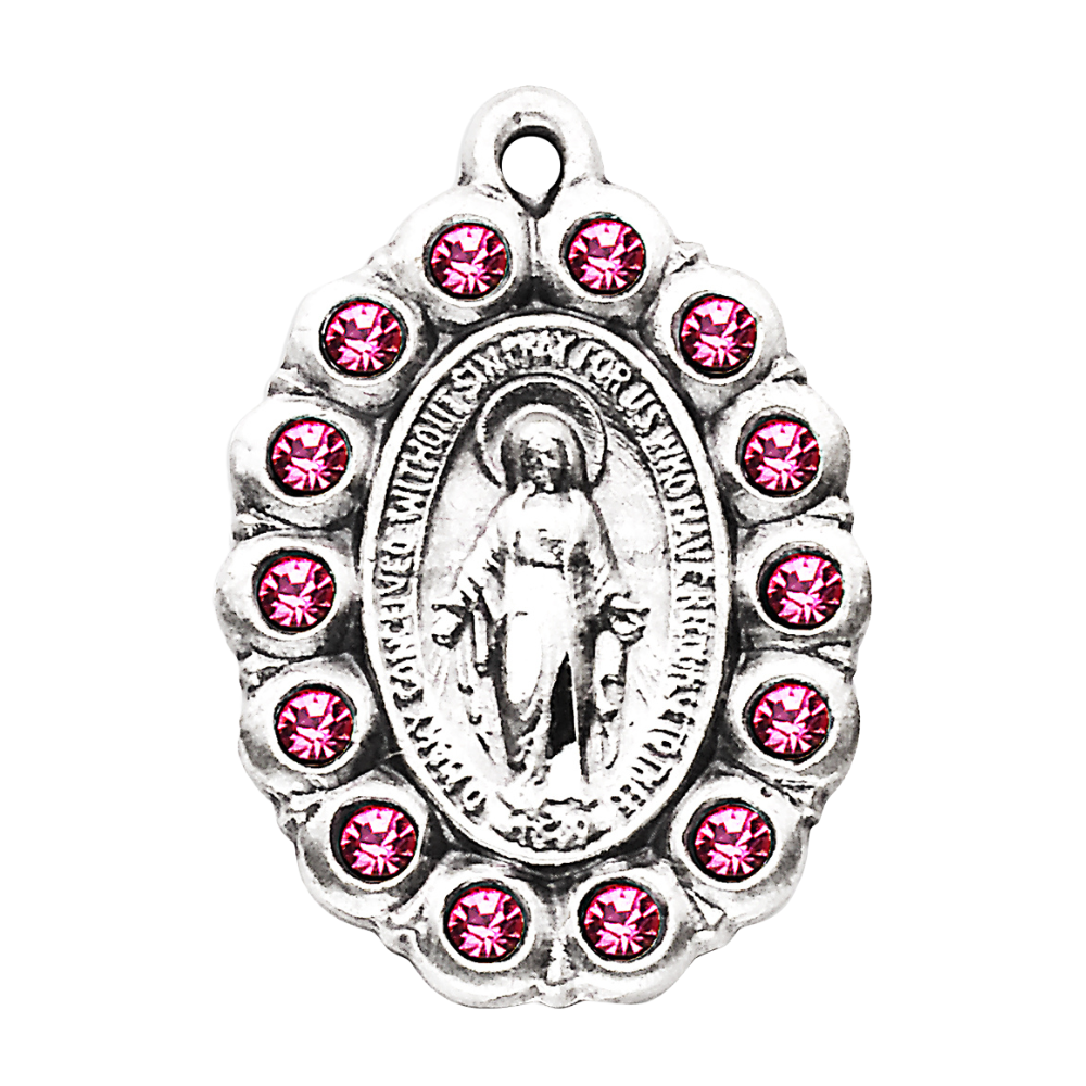 Miraculous Medal Sterling Silver Oval Pink Crystal Pendant — 18" Chain, Gift Box