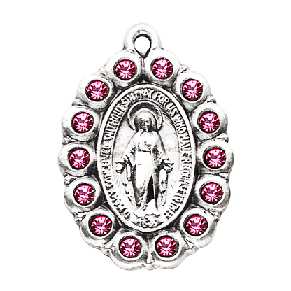 Miraculous Medal Sterling Silver Oval Pink Crystal Pendant — 18" Chain, Gift Box