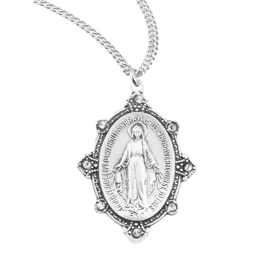 Sterling Silver Oval Miraculous Medal with Set Clear Crystals, Catholic Gift, Made in USA