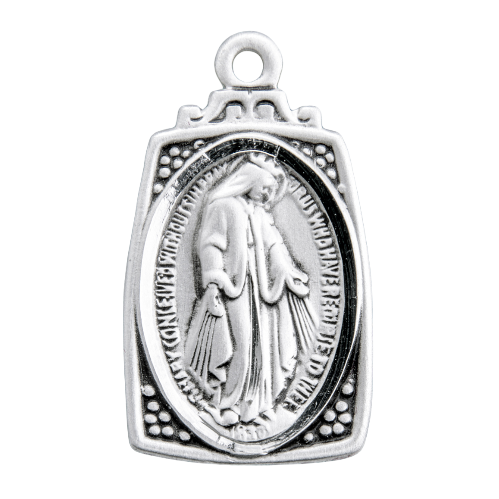 Miraculous Medal Sterling Silver Art Deco Pendant — 18" Chain, Gift Box Included