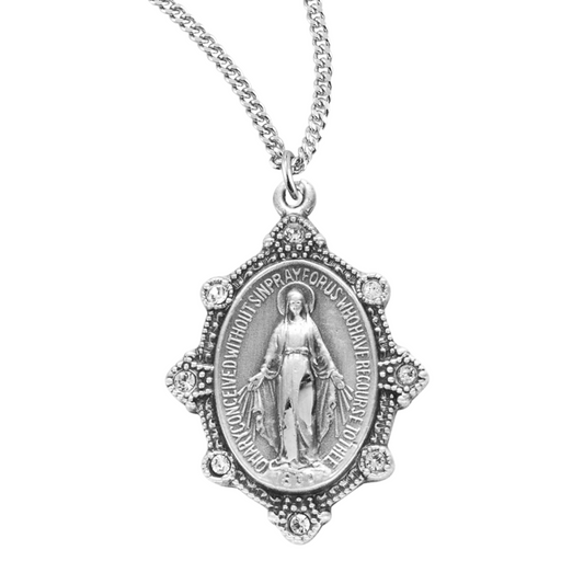 Sterling Silver Oval Miraculous Medal Set with Clear Crystals, Catholic Gift, Made in USA