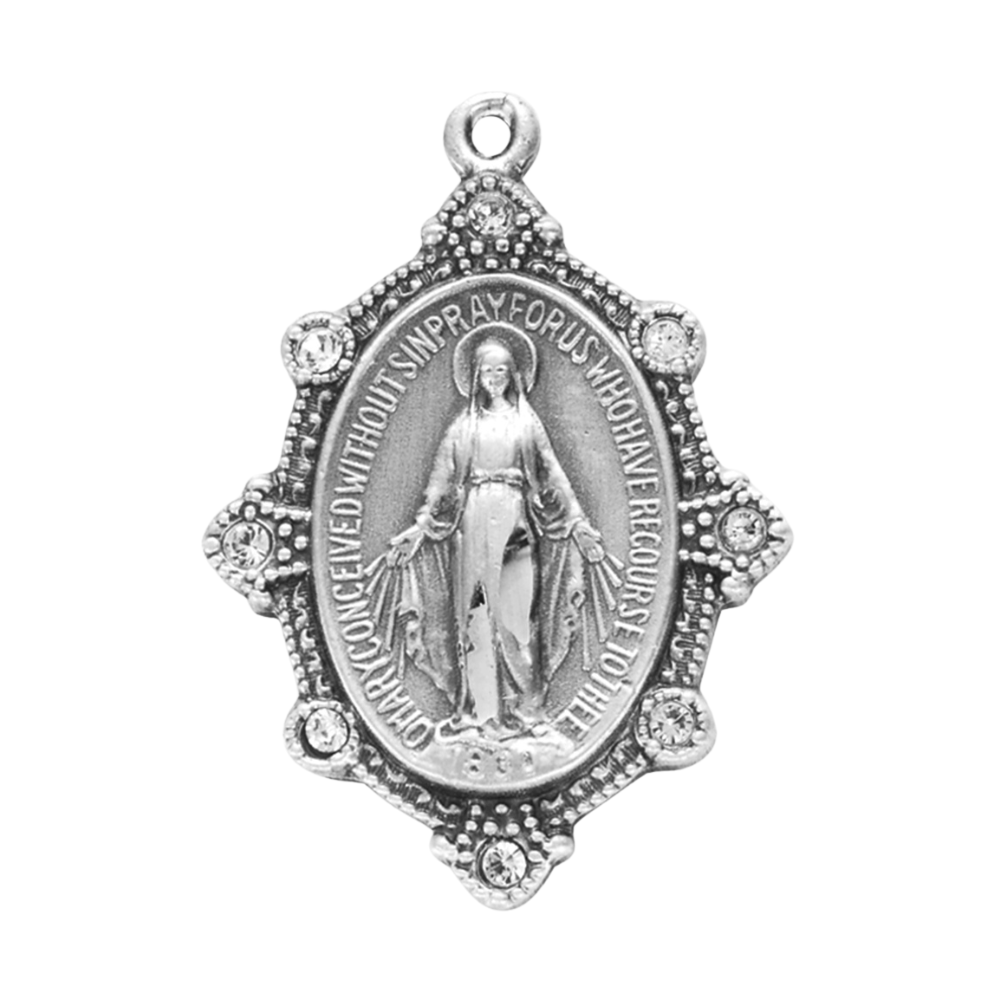 Miraculous Medal Sterling Silver Crystal Pendant — 18" Chain, Gift Box Included