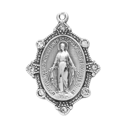 Miraculous Medal Sterling Silver Crystal Pendant — 18" Chain, Gift Box Included