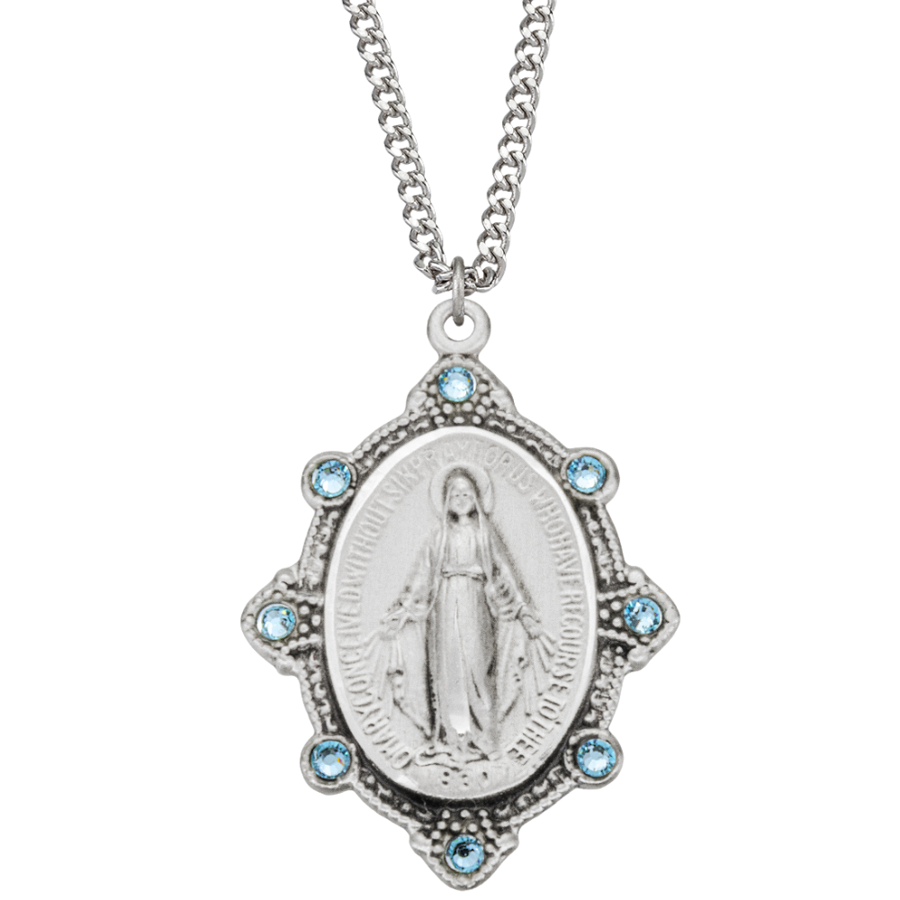 Sterling Silver Oval Miraculous Medal Set with Light Sapphire Crystals, Catholic Gift, Made in USA