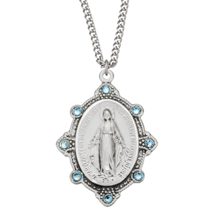 Sterling Silver Oval Miraculous Medal Set with Light Sapphire Crystals, Catholic Gift, Made in USA