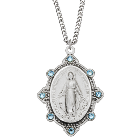 Sterling Silver Oval Miraculous Medal Set with Light Sapphire Crystals, Catholic Gift, Made in USA