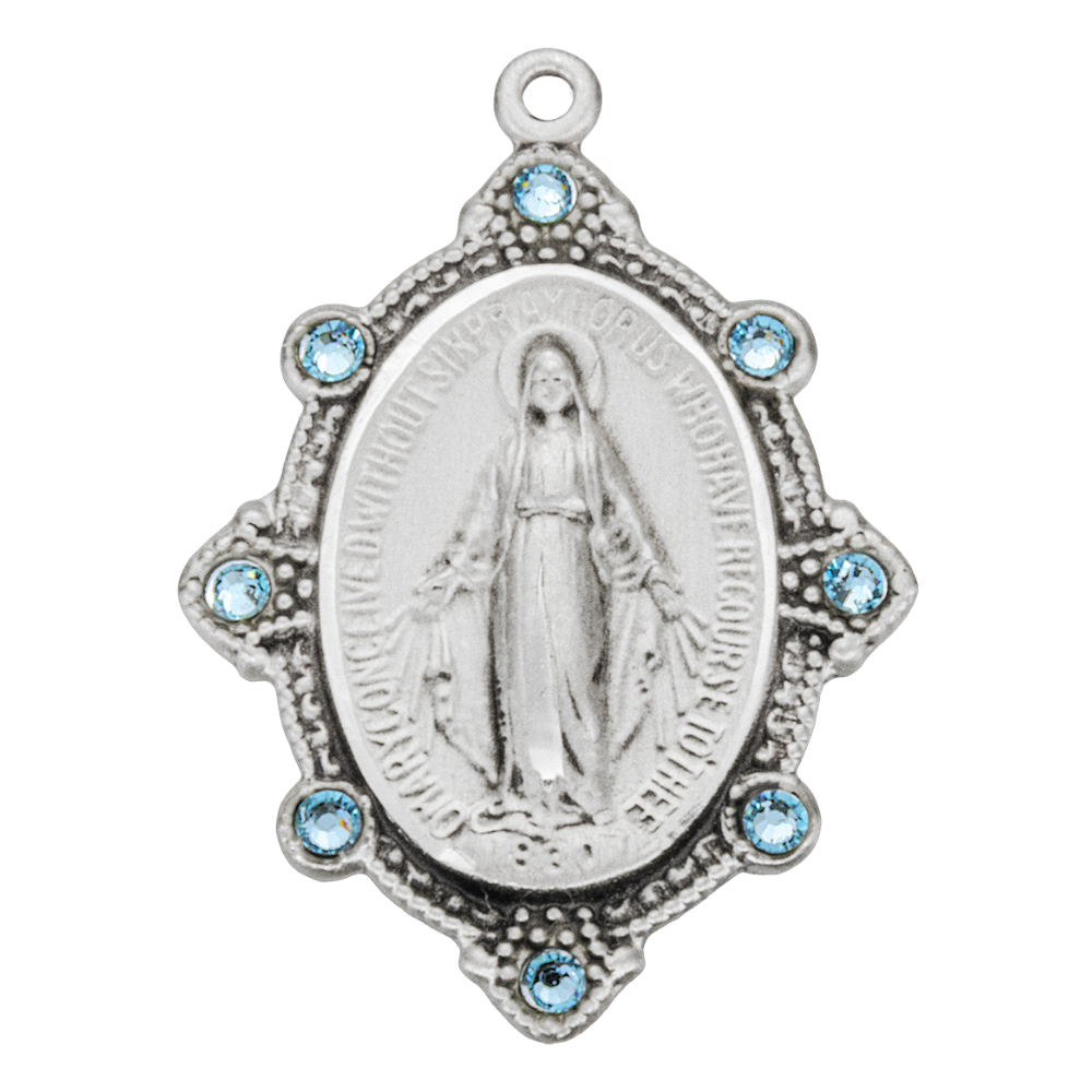 Miraculous Medal Sterling Silver Sapphire Pendant — 18" Chain, Gift Box