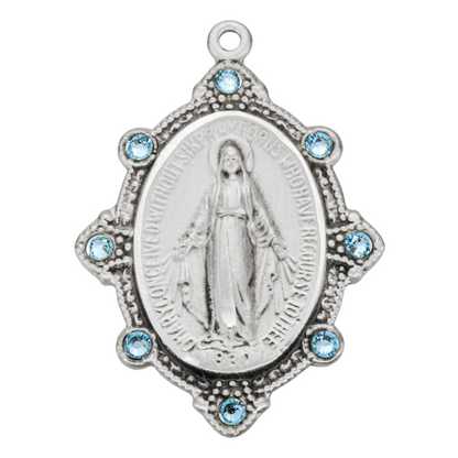 Miraculous Medal Sterling Silver Sapphire Pendant — 18" Chain, Gift Box
