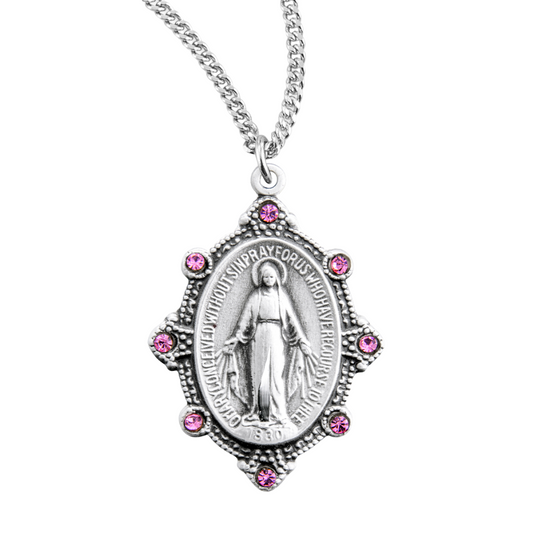 Sterling Silver Oval Miraculous Medal Set with Pink Crystals, Catholic Gift, Made in USA