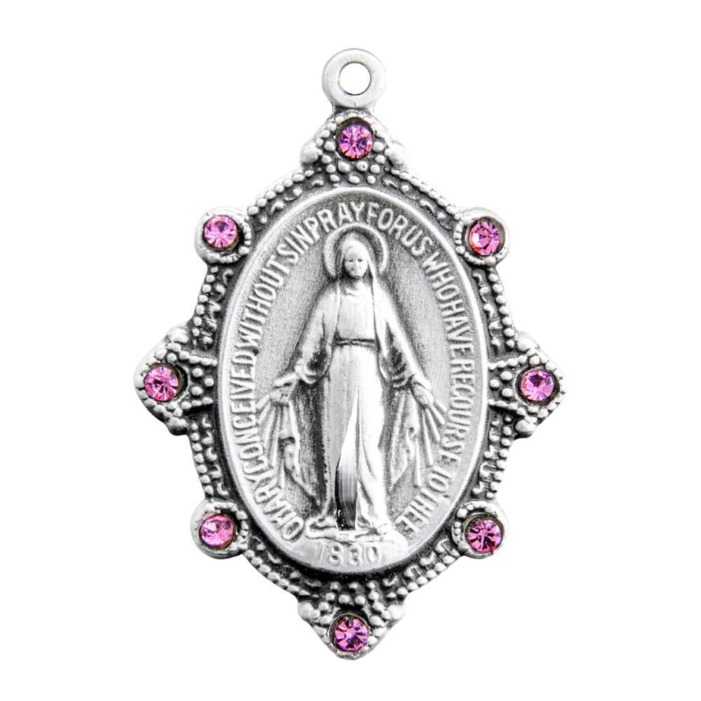 Miraculous Medal Sterling Silver Oval Pink Crystal Necklace — 18" Chain, Gift Box