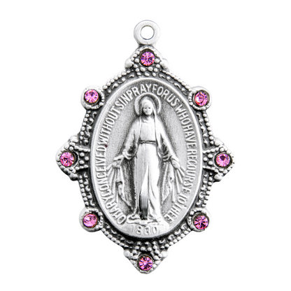 Miraculous Medal Sterling Silver Oval Pink Crystal Necklace — 18" Chain, Gift Box