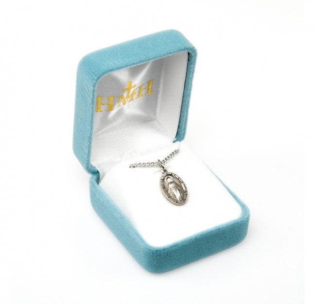 Miraculous Medal Sterling Silver Oval Pendant Necklace — 18" Chain, Gift Box