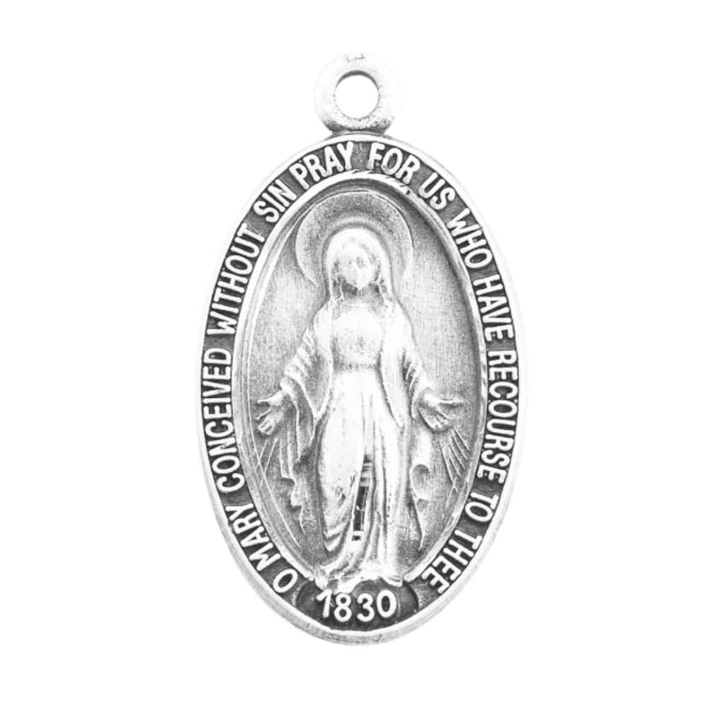 Miraculous Medal Sterling Silver Oval Pendant Necklace — 18" Chain, Gift Box