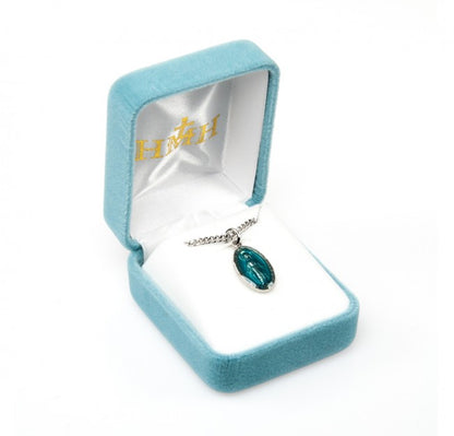Miraculous Medal Sterling Silver Blue Enameled Pendant — 18" Chain, Gift Box