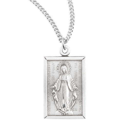 Sterling Silver Rectangular Miraculous Medal, Catholic Gift, Made in USA