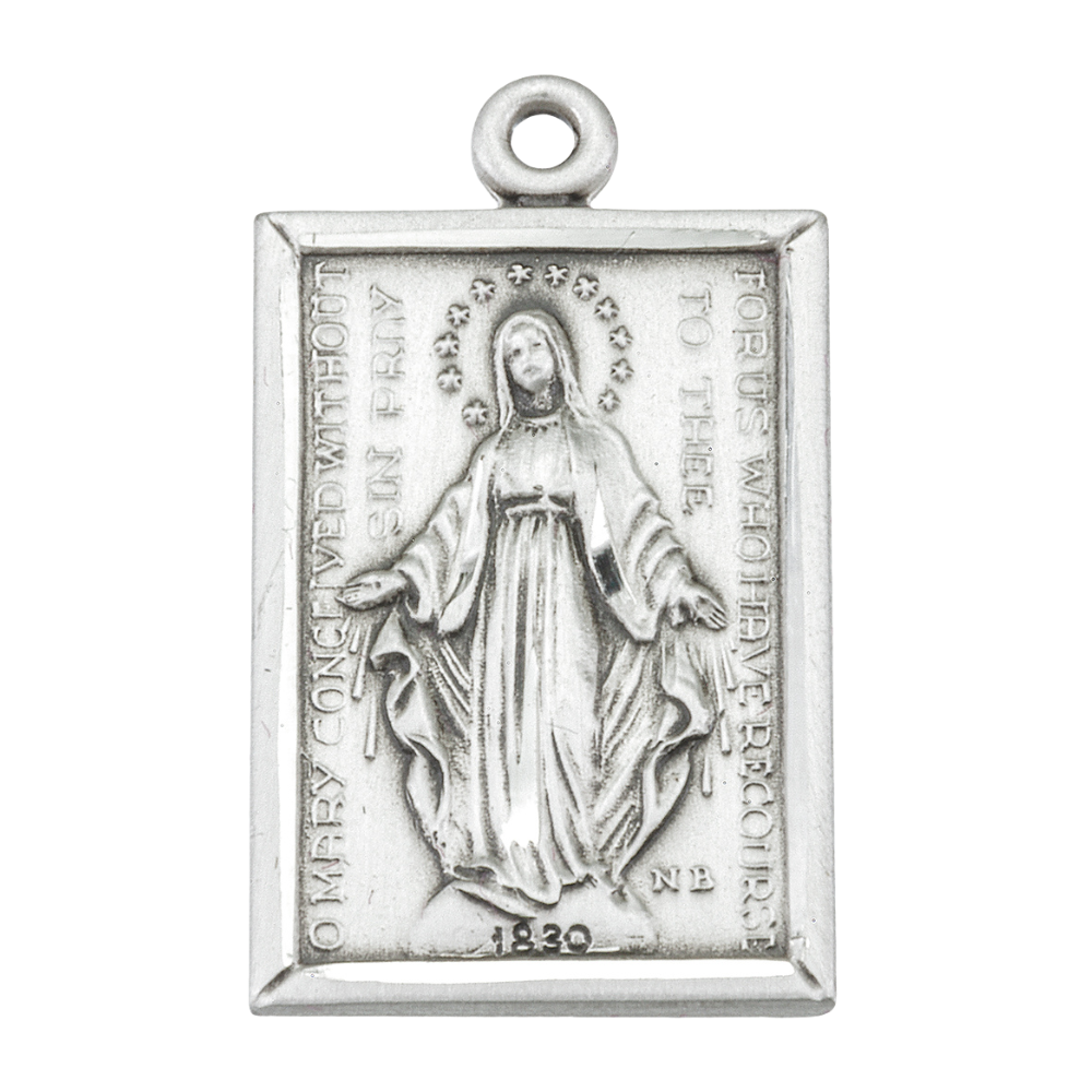 Miraculous Medal Sterling Silver Rectangular Pendant — 18" Chain, Gift Box