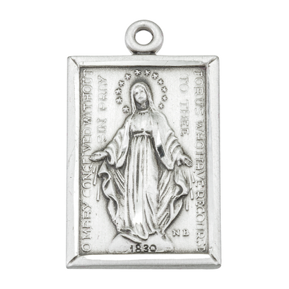 Miraculous Medal Sterling Silver Rectangular Pendant — 18" Chain, Gift Box