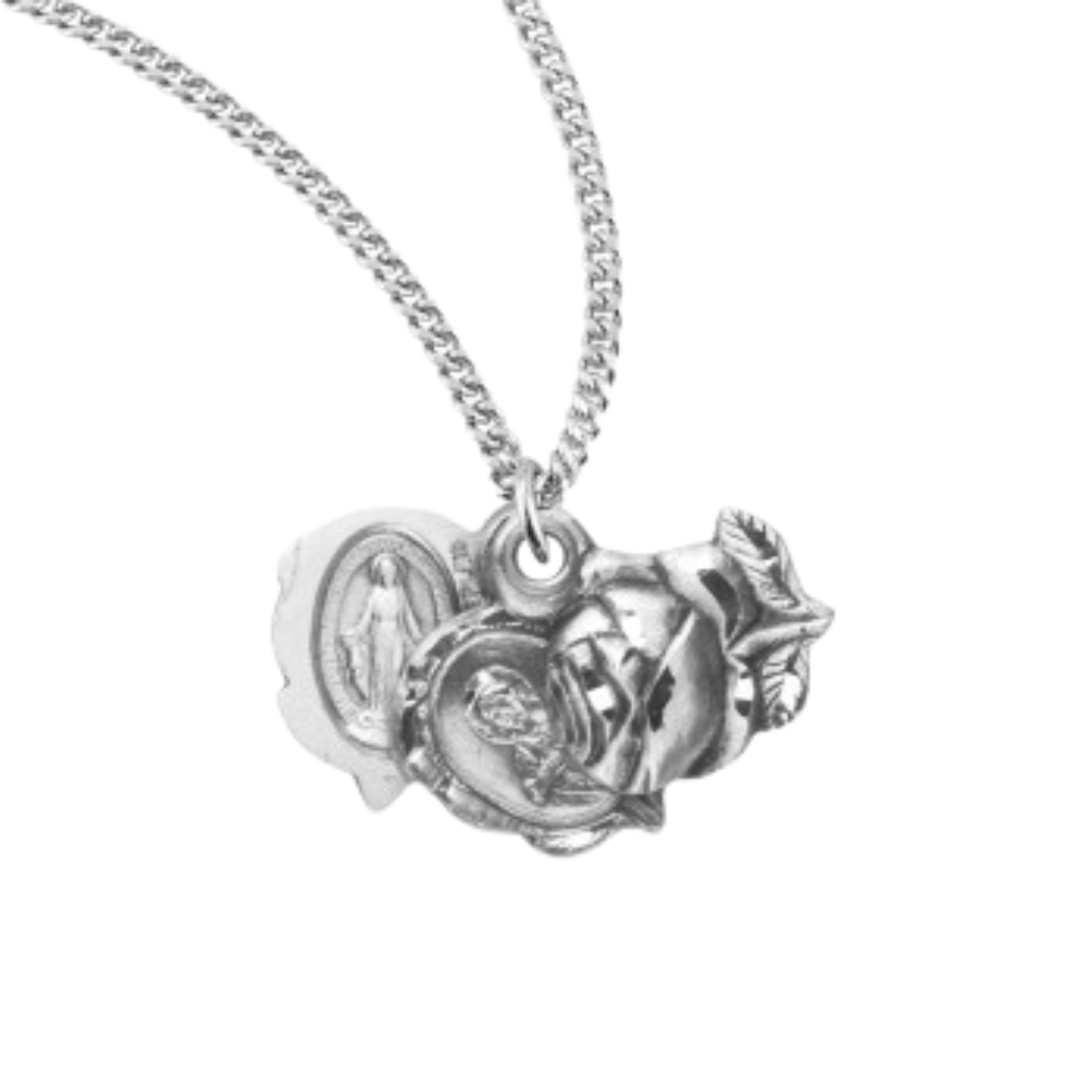 Sterling Silver Small Rose Bud Triple Slide Medal, Catholic Gift, Made in USA