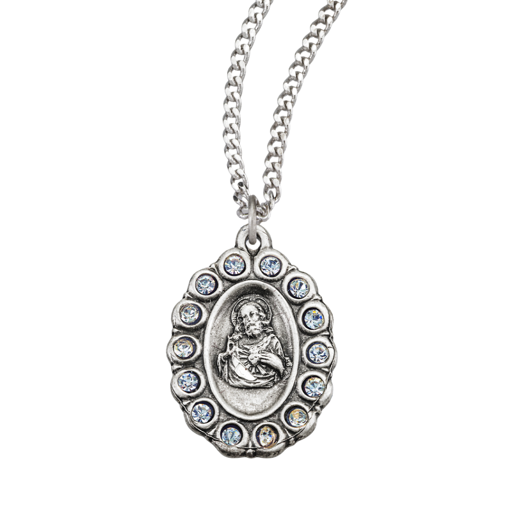 Sterling Silver Scapular Medal Set with Clear Crystals, Catholic Gift, Made in USA