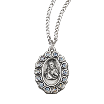 Sterling Silver Scapular Medal Set with Clear Crystals, Catholic Gift, Made in USA