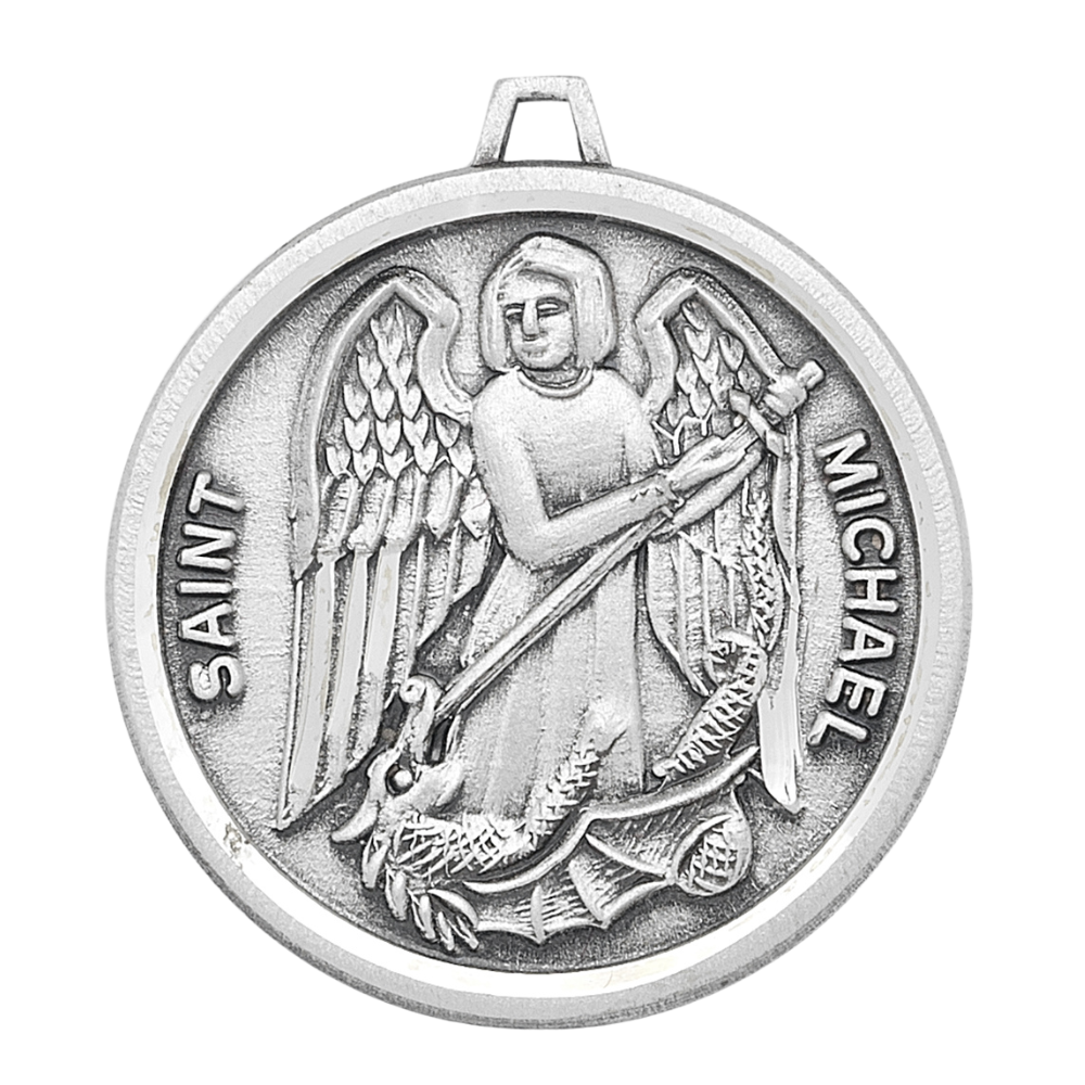 Saint Michael Round Sterling Silver Medal — 24" Chain, Made in USA, Gift Box