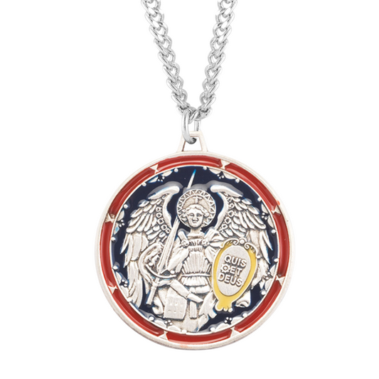 St. Michael Archangel round sterling silver enameled medal, Catholic Gift, Made in USA