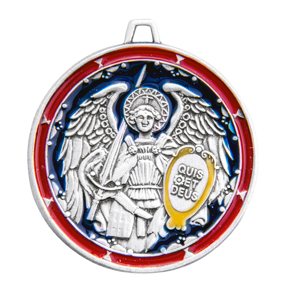 Saint Michael Sterling Silver Enameled Round Medal — Chain, Made in USA, Gift Box