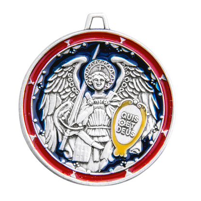 Saint Michael Sterling Silver Enameled Round Medal — Chain, Made in USA, Gift Box
