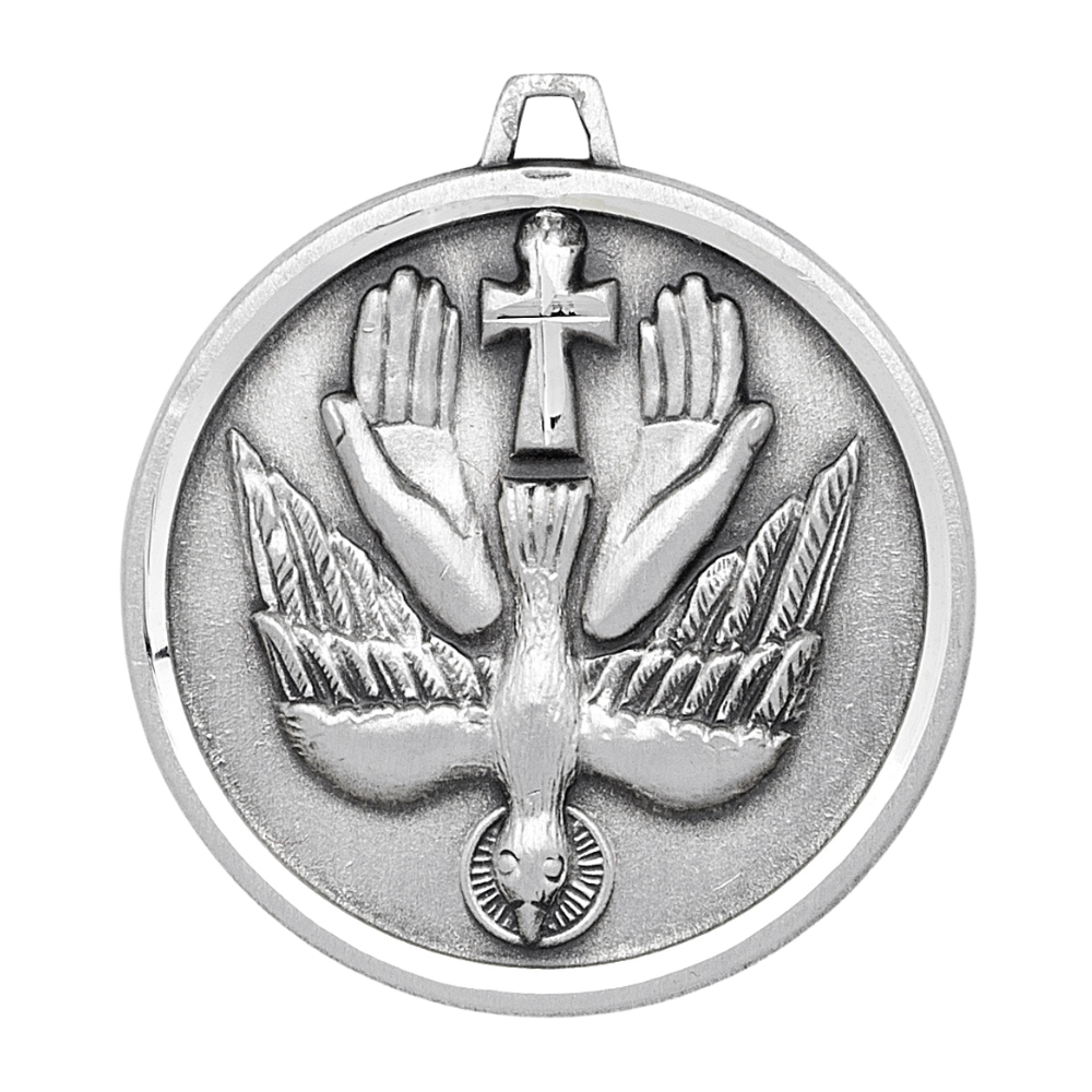 Sterling Silver Round Holy Spirit Medal, 20" Rhodium Plated Stainless Steel Chain, Made in USA- Deluxe Velvet Gift Box Included