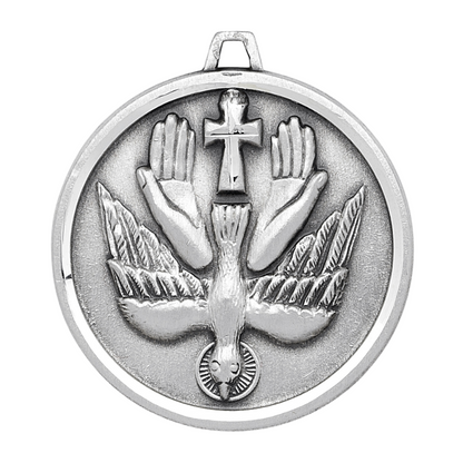 Sterling Silver Round Holy Spirit Medal, 20" Rhodium Plated Stainless Steel Chain, Made in USA- Deluxe Velvet Gift Box Included