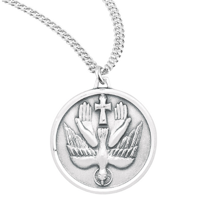 Sterling Silver Round Holy Spirit Medal, 20" Rhodium Plated Stainless Steel Chain, Made in USA- Deluxe Velvet Gift Box Included